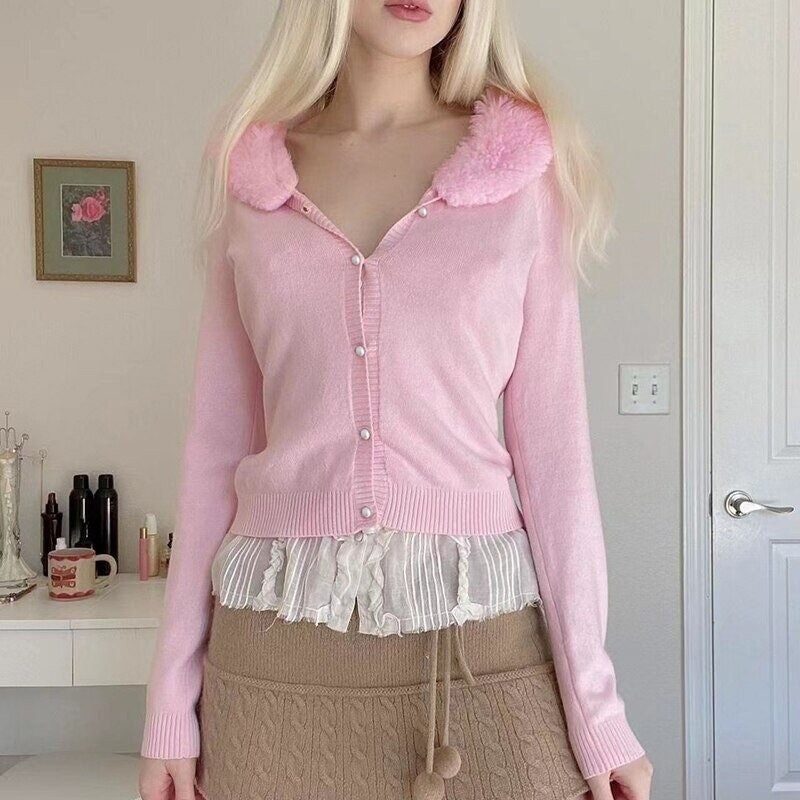 Pink Knitted Button Up Cardigan Vintage Streetwear Y2k Clothing