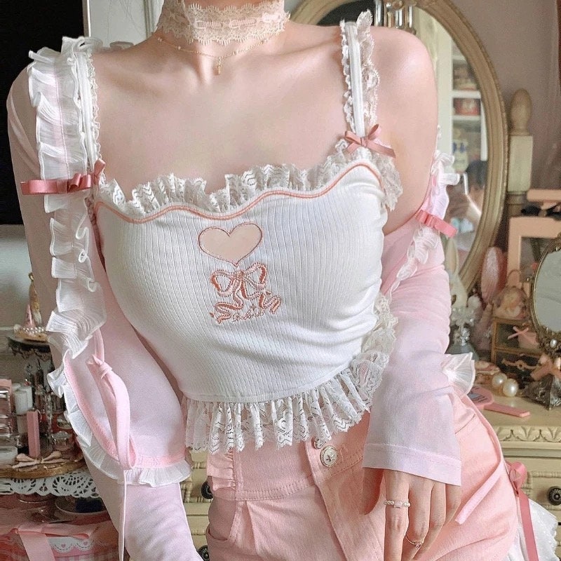 Pink Korean Style Kawaii Camisole Lolita Vset Women Japanese Sweet Cute Tank Top Blue Lace France Princess Crop Top Heart Shaped Camisole