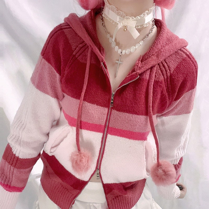 Pink Striped Knit Zip Up Hoodie Knitted Cardigan Kawaii Harajuku Lolita 2000s Aesthetic Streetwear Y2k Clothing