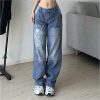 Printed Cargo Jeans Y2k Dark Blue Brown High Waist Streetwear 90s Baggy Jeans Women Pants Straight Wide Leg Jeans
