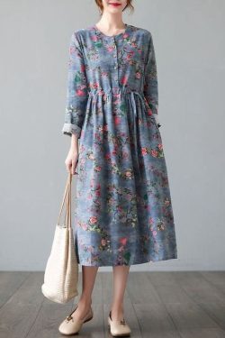 Printed Dress Floral Cotton Spring Fall Dress Neck Buttons Casual Loose Tunics Long Sleevele Robes Customized Dress Plus Size Linen Dress