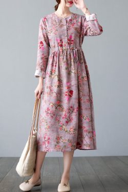 Printed Dress Floral Cotton Spring Fall Dress Neck Buttons Casual Loose Tunics Long Sleevele Robes Customized Dress Plus Size Linen Dress