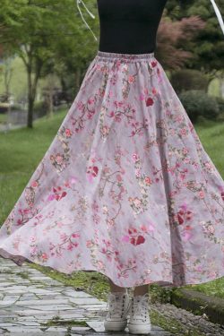 Printed Floral Summer Cotton Skirts A Line Pleated Elastic Waist Skirt Flared Casual Loose Maxi Skirts Customized Plus Size Skirt Boho Linen