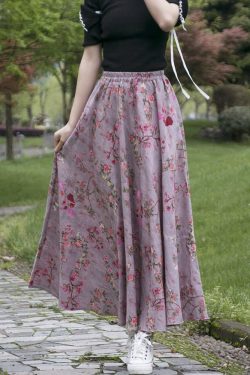 Printed Floral Summer Cotton Skirts A Line Pleated Elastic Waist Skirt Flared Casual Loose Maxi Skirts Customized Plus Size Skirt Boho Linen