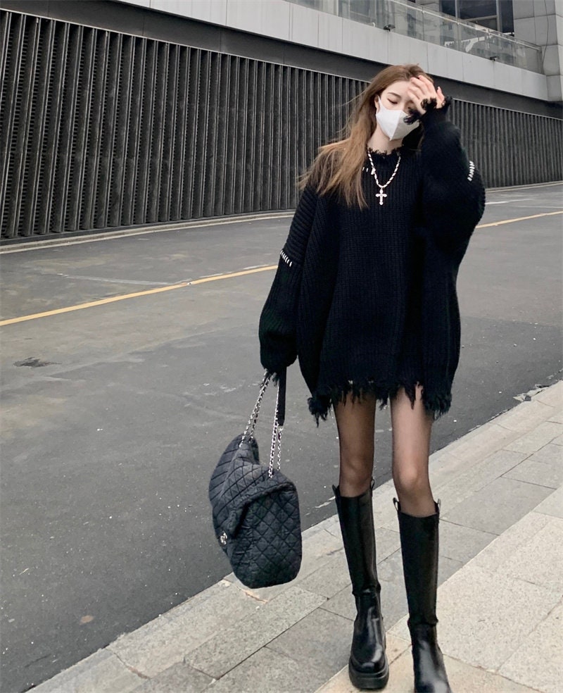 Pull Femme Lazy Loose Irregular Tassels Black Ripped Sweater Women Jumpers Vintage Casual O Neck Long Sleeve Hole Knit Top