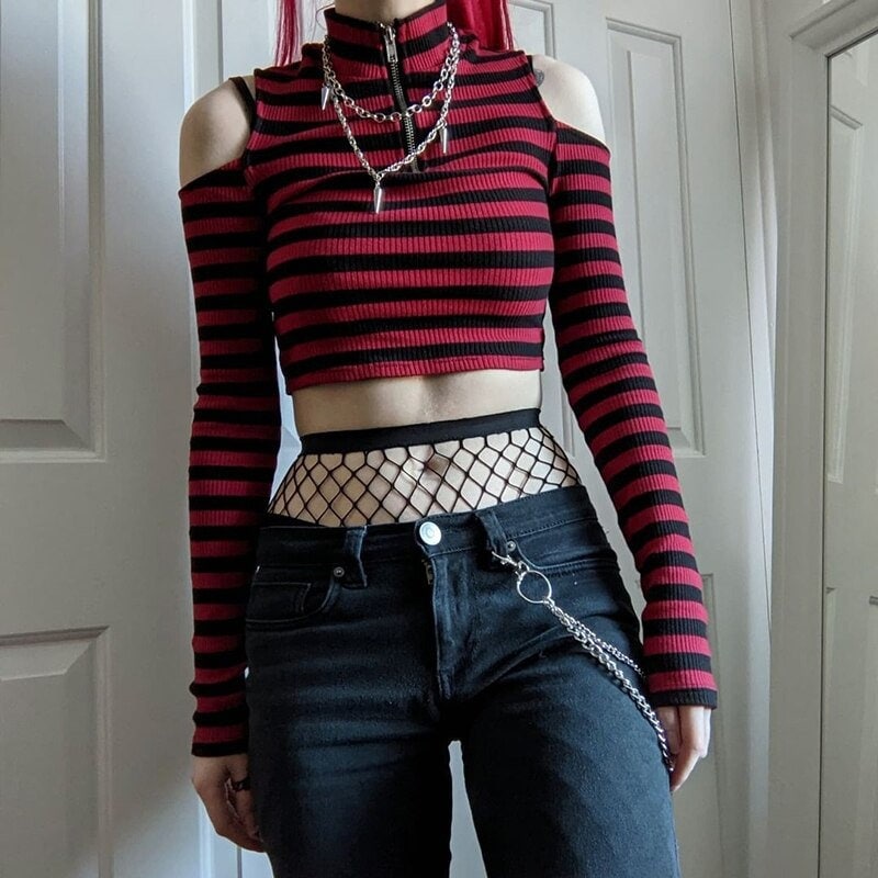 Punk Cropped Sweater Zipper Neck Long Sleeve Off Shoulder Sweater Punk Clothes Grunge Clothes Gothic Wear Clothing