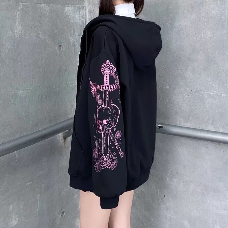 Punk Graphic Skull Sword Print Zipper Ribbon Hooded Hip Hop Y2k Zip Up Hoodie Gothic Streetwear Jacket Harajuku Unisex Coat