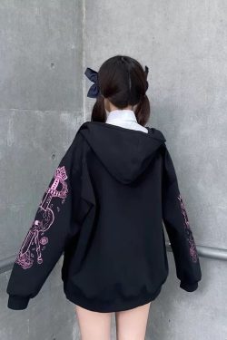 Punk Graphic Skull Sword Print Zipper Ribbon Hooded Hip Hop Y2k Zip Up Hoodie Gothic Streetwear Jacket Harajuku Unisex Coat