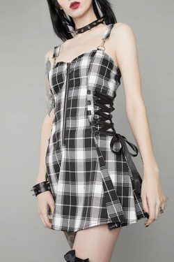 Punk Plaid Lace Up A Line Mini Dress With Straps