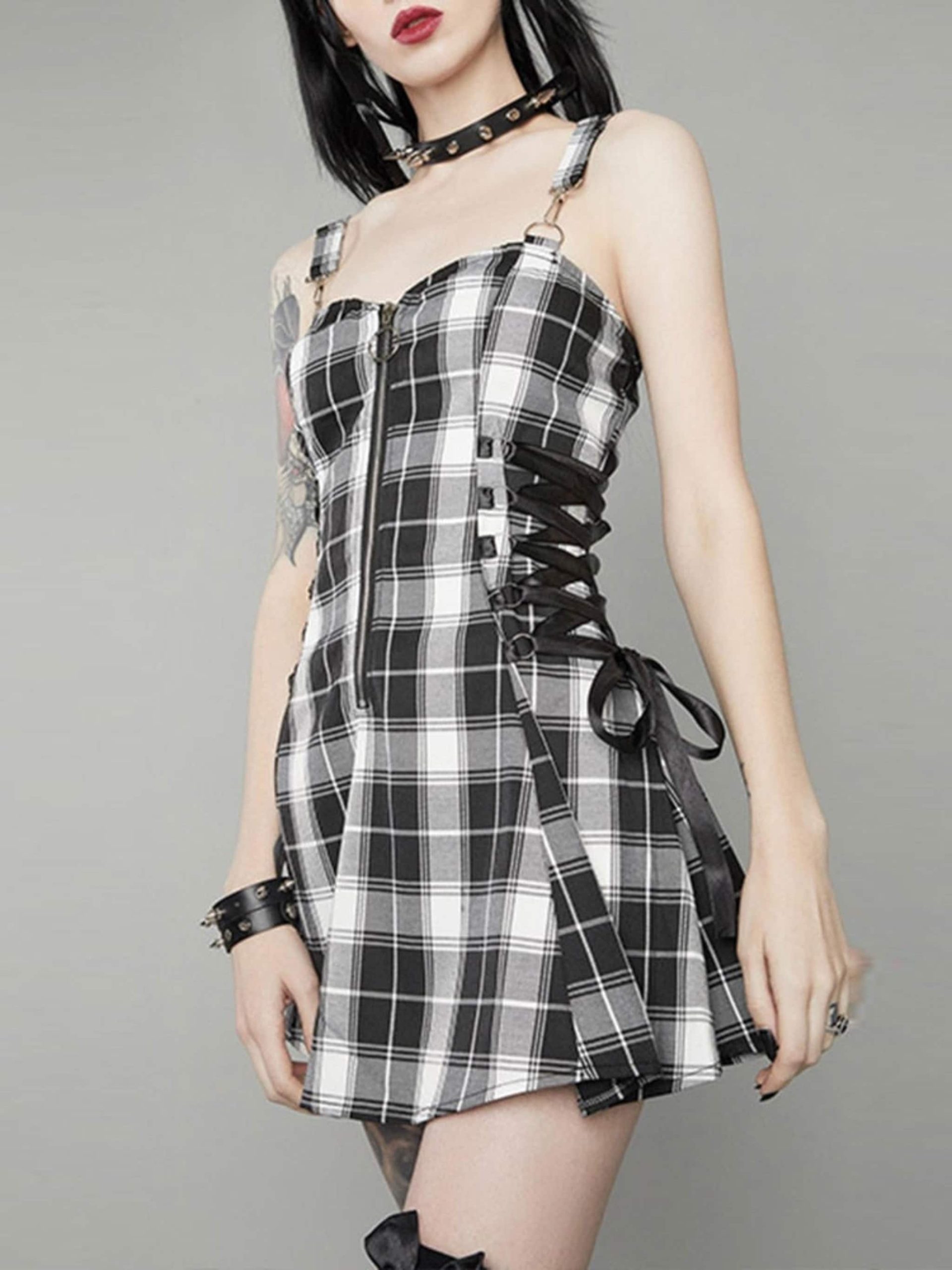 Punk Plaid Lace Up A Line Mini Dress With Straps