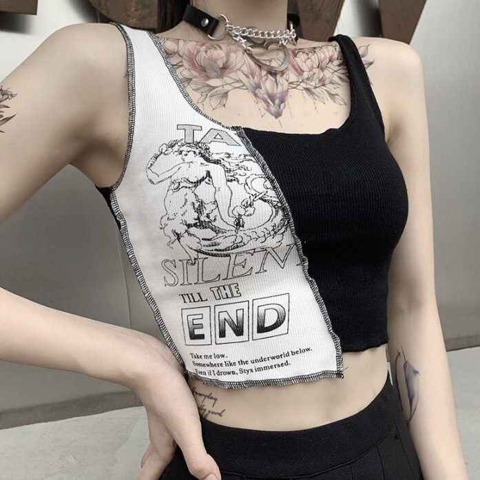 Punk Style Patchwork Tank Top Aesthetic Graphic Print Crop Top Streetwear Shirt