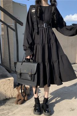 Qweek Gothic Style Dress Women Harajuku Gothic Lolita Goth Kawaii Dress Punk Cute Long Sleeve Black Midi Dress Emo Oversize