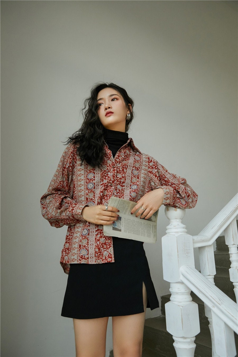 Retro Ethnic Shirt Vintage Style Academia Clothing For Women