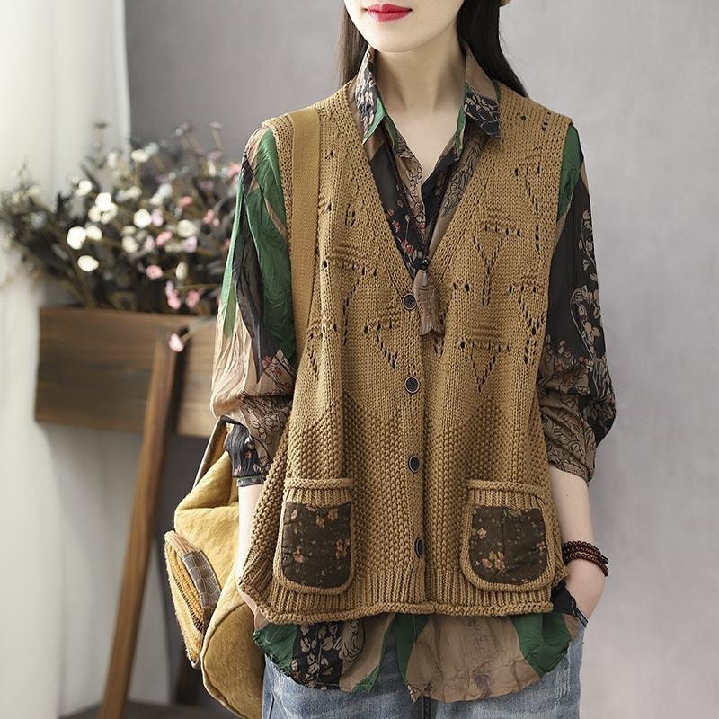 Retro Hollow Knit Button Up Vest Vintage Style Cottagecore Goblincore Dark Academia Clothing For Women