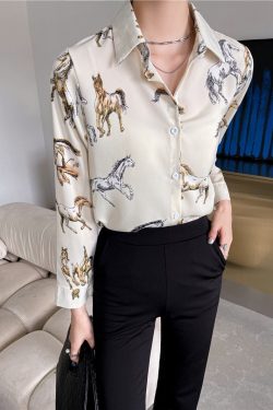 Retro Horse Print Vintage Style Shirt Academia Clothing For Women
