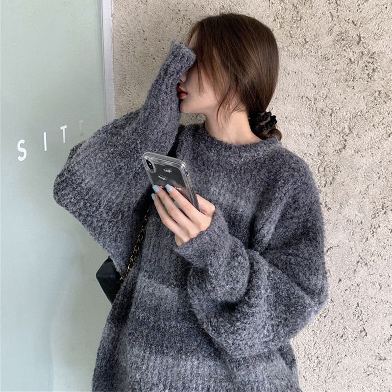 Retro Japanese Thick Sweater Loose Lazy Female Outer Wear Tie Dye Gradient Color Winter New Women Knitted Sweater Sweater