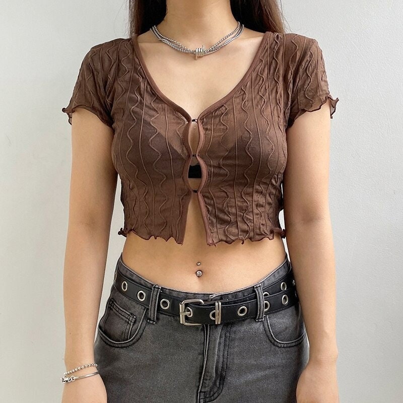 Retro Lace Brown V Neck Short Sleeve 90s Crop Top Trendy Clothes