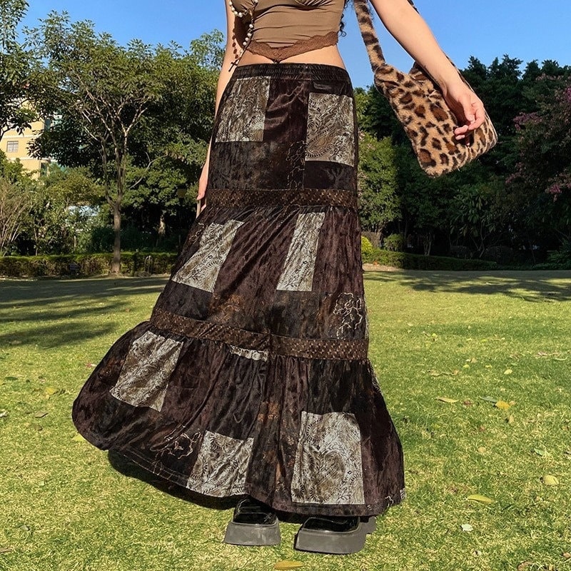Retro Print Brown Aesthetic High Waist Grunge Long Skirt Fairy Trendy Clothes Y2k Clothing