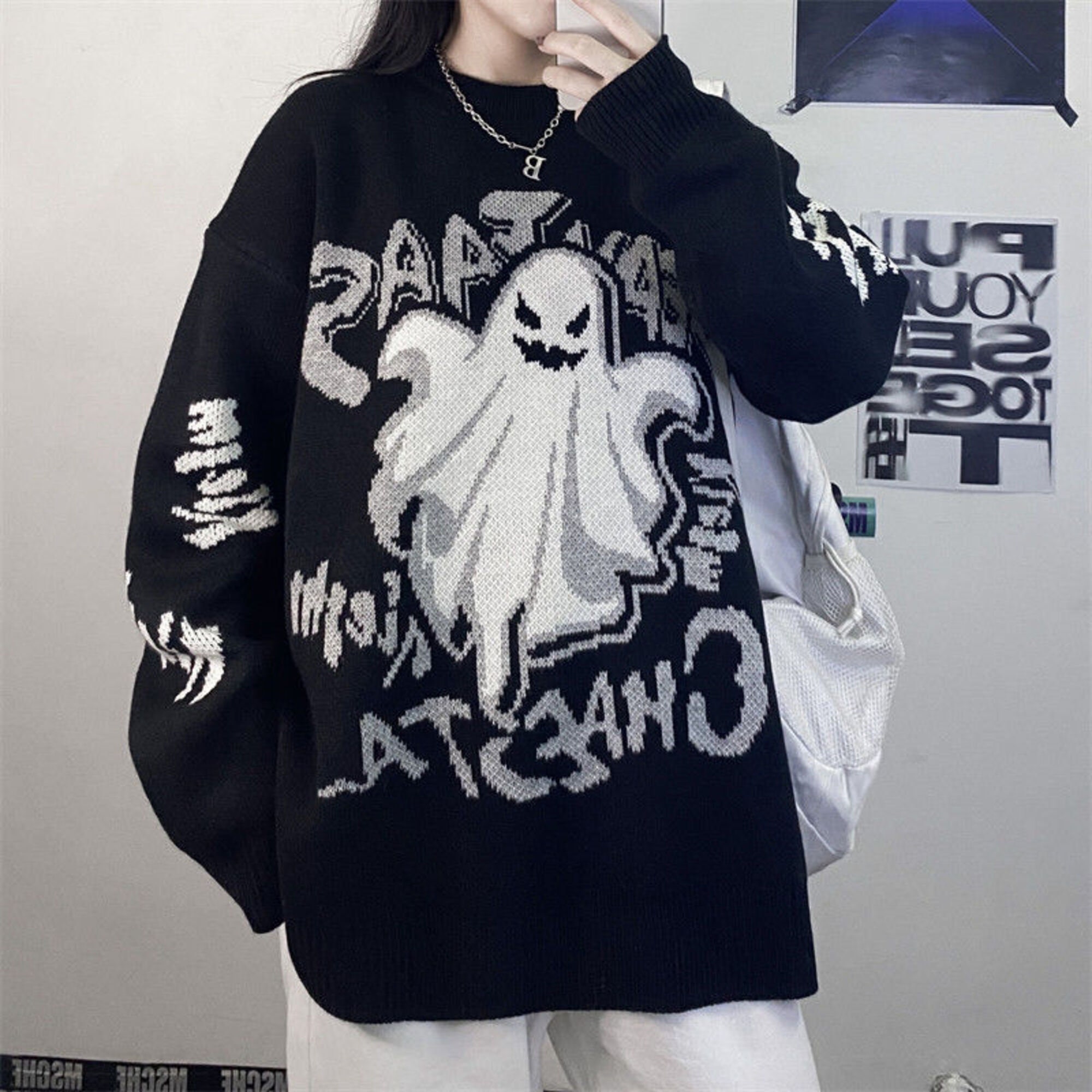 Retro Sweater Dark Style Harajuku Style Student Letter Devil Thickening Men And Women Loose Retro Knit Sweater Korean Top