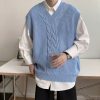 Retro Sweater Vest Men's Fashion Solid Color V Neck Knitted Pullover Men Streetwear Loose Autumn Vest Knitting Sweaters Mens
