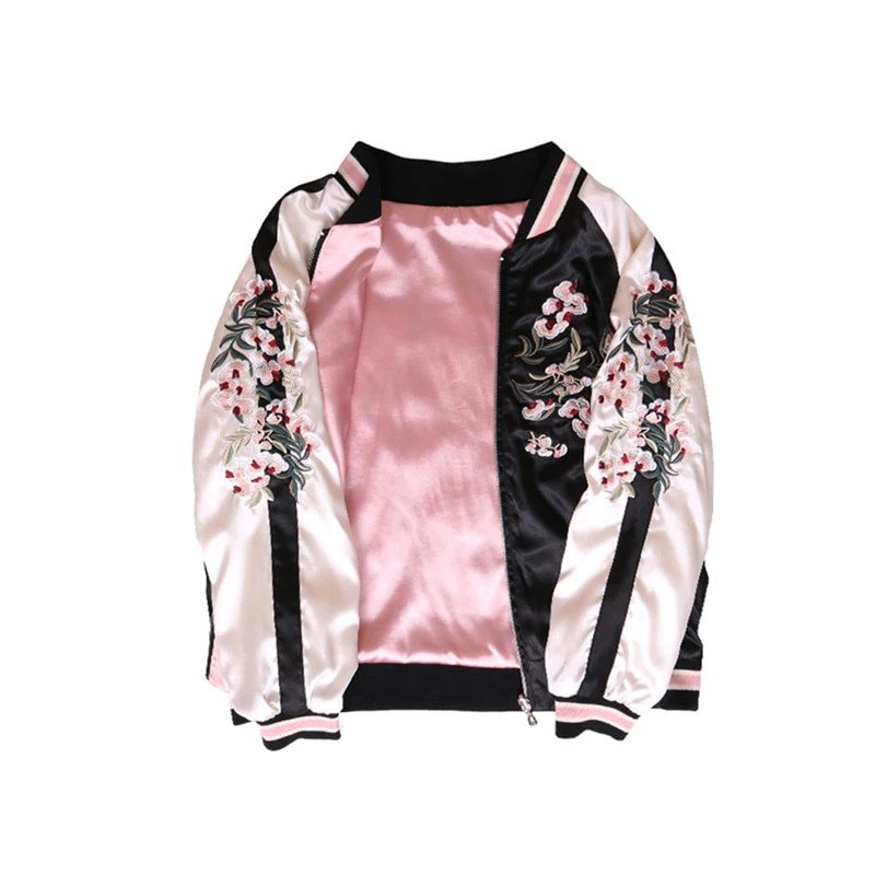Reversible Embroidered Sukajan Jacket Sakura Cherry Blossoms Bomber Jacket For Women Japanese Souvenir