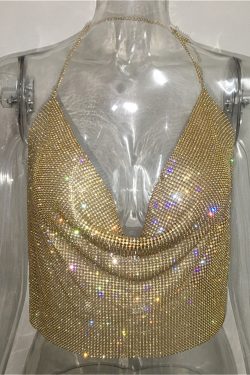 Rhinestone Backless Party Crop Top Women Deep V Neck Metal Tank Tops Open Back Top Y2k Aesthetic Cami Tube Womens Y2k Cami Top Gift