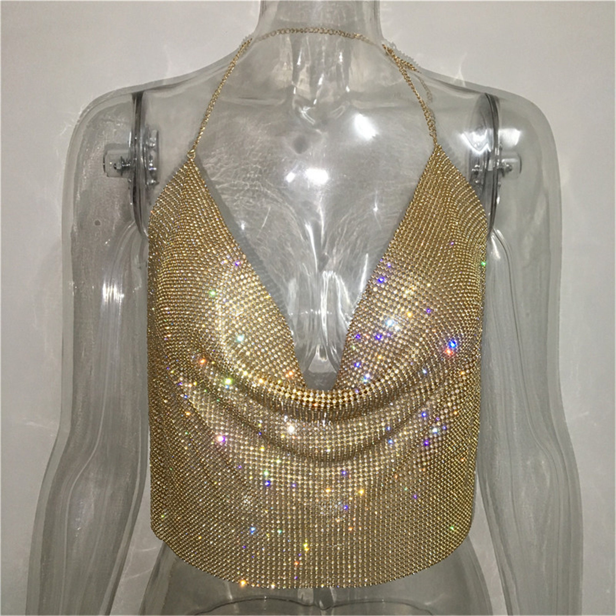 Rhinestone Backless Party Crop Top Women Deep V Neck Metal Tank Tops Open Back Top Y2k Aesthetic Cami Tube Womens Y2k Cami Top Gift