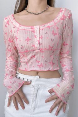 Ribbed Long Sleeve Butterfly Cropped Tee