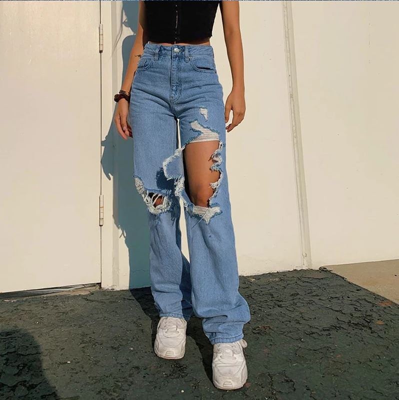 Ripped Straight Jeans Women