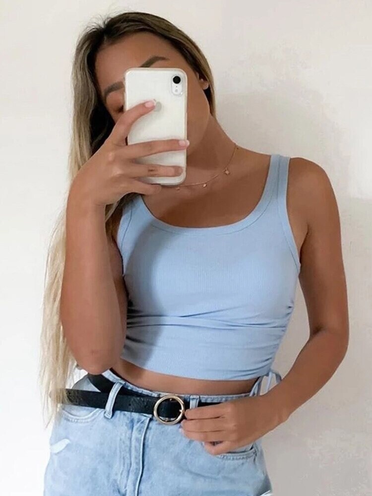 Ruched Sleeveless Tank Tops Tees Women Solid Casual Fashion Crop Top Ladies High Street Tie Up Crop Top Summer Fitness