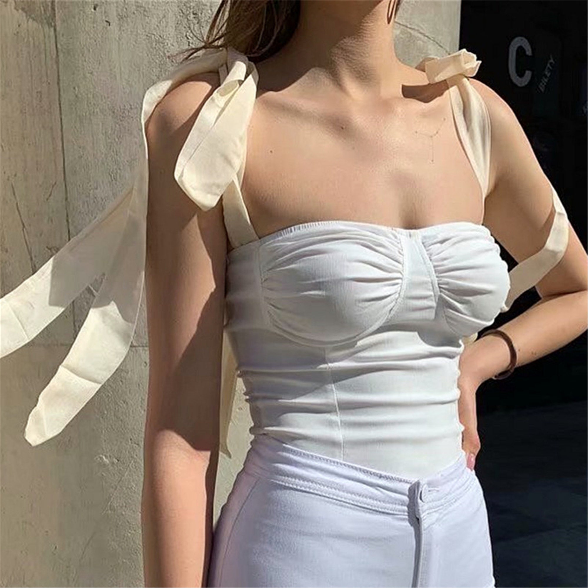 Ruched Vintage White Y2k Top Women Bow Shoulder Strap Top Y2k Backless Cami Tank Top Slim E Girl Patchwork Camisole Cute Streetwear
