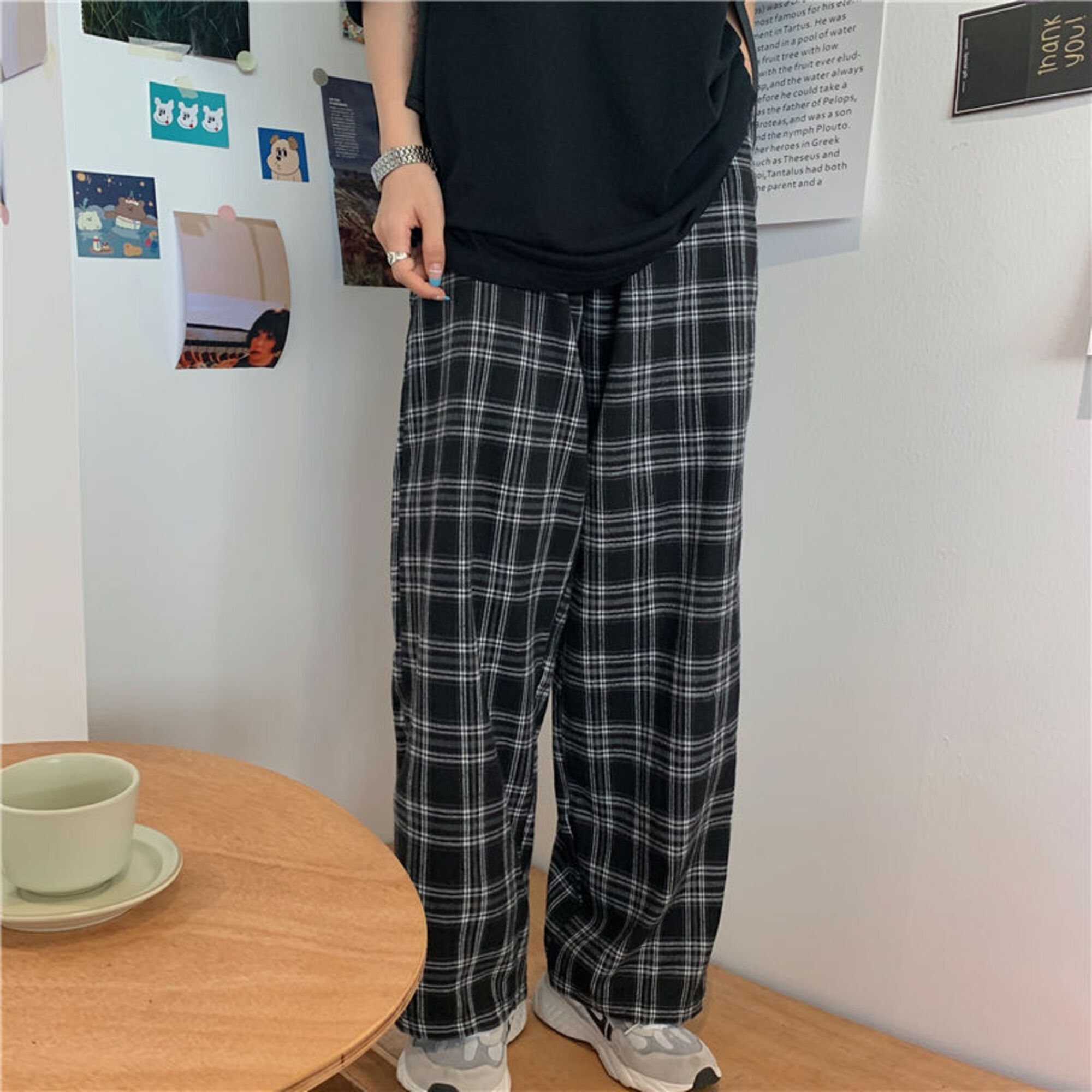 S 3xl Plaid Pants Women Casual Loose Wide Leg Trousers With Pocket Ins Retro Teens Straight Trousers Hip Hop Unisex Streetwear