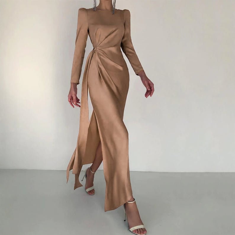 Satin Gown High Split Maxi Dress Long Sleeve Dress Satin Solid O Neck Long Sleeve Zipper Slit Midi High Waist Fashion Elegant Party Dress