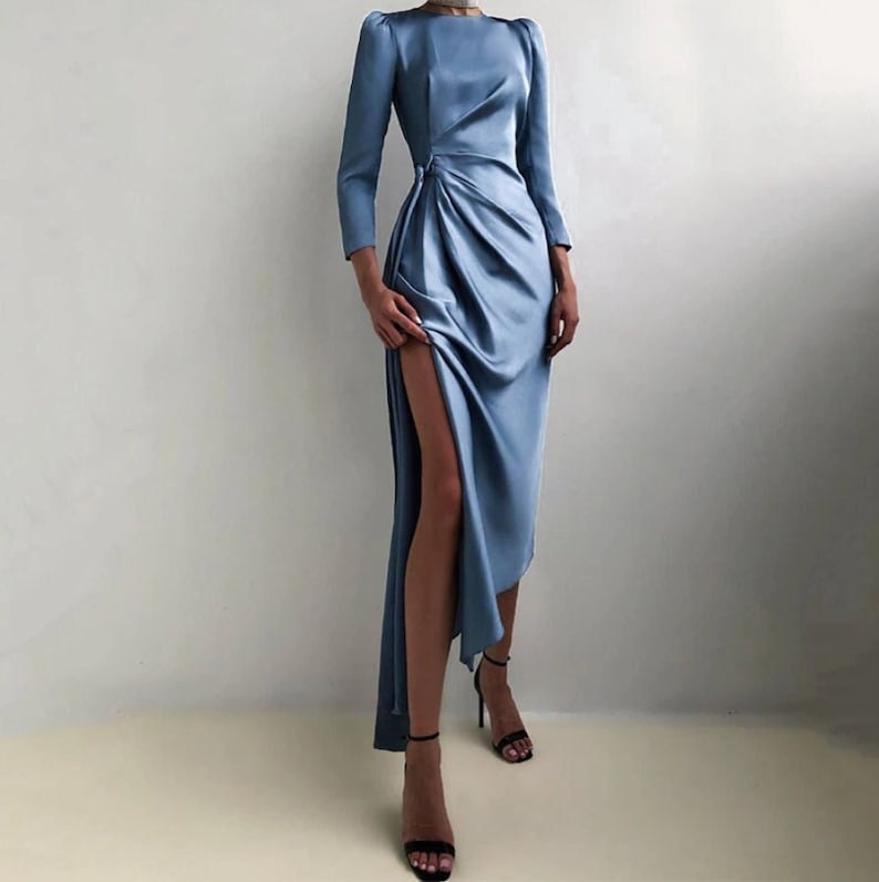 Satin Gown High Split Maxi Dress Long Sleeve Dress Satin Solid O Neck Long Sleeve Zipper Slit Midi High Waist Fashion Elegant Party Dress