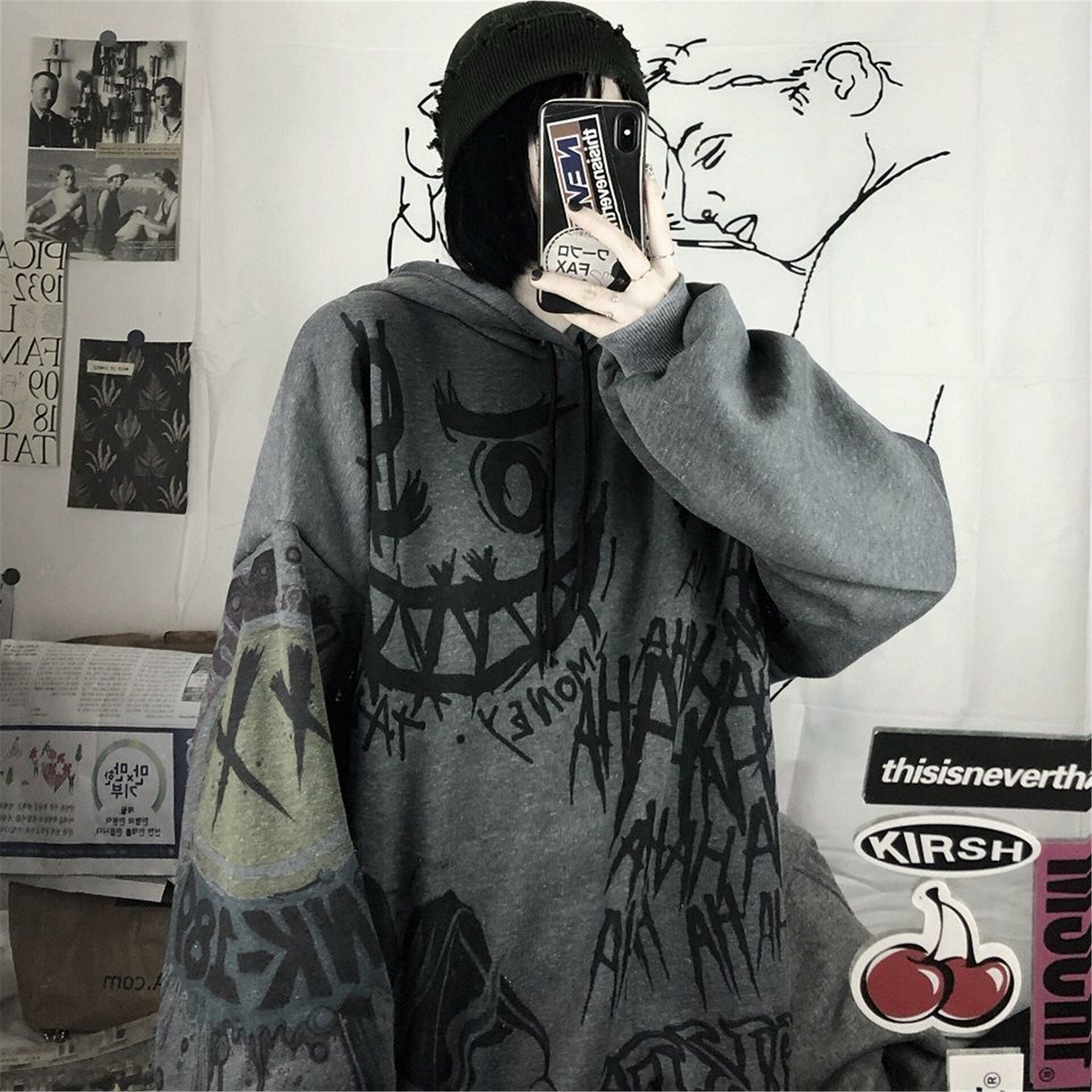 Scary Graffiti Hoodie Gothic Hoodie Pullover Y2k Groovy Pullover Punk Hoodie Trend Streetwear Print Warm Hoodie Hiphop Hoodie