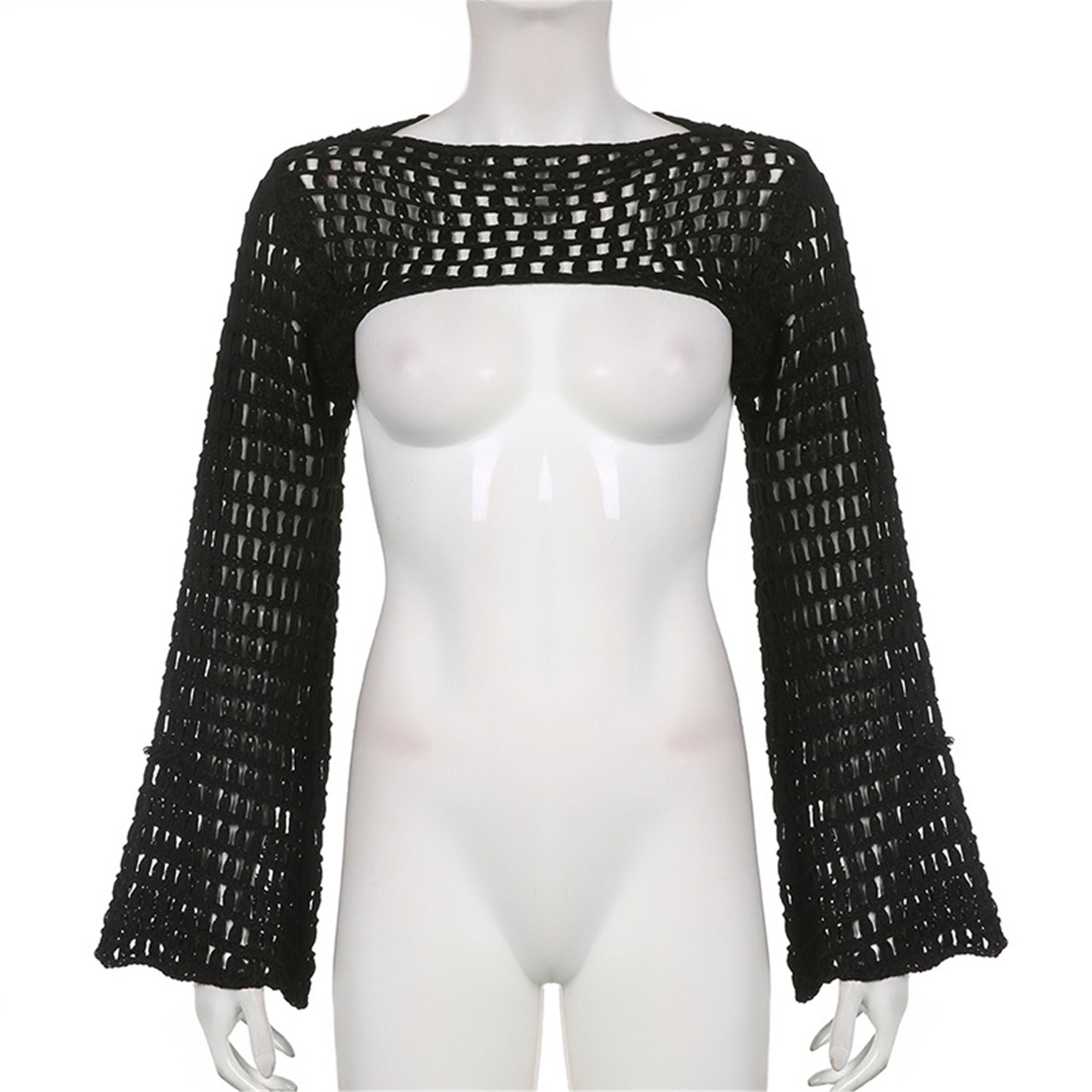 Sexy Flared Sleeve Cutout Perspective Round Neck Long Sleeve Top Aesthetic Long Sleeve Crop Top Y2k Black Hollow Out Crochet Top Clothing