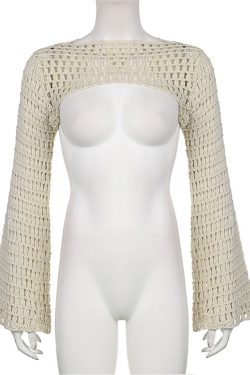 Sexy Flared Sleeve Cutout Perspective Round Neck Long Sleeve Top Aesthetic Long Sleeve Crop Top Y2k Black Hollow Out Crochet Top Clothing
