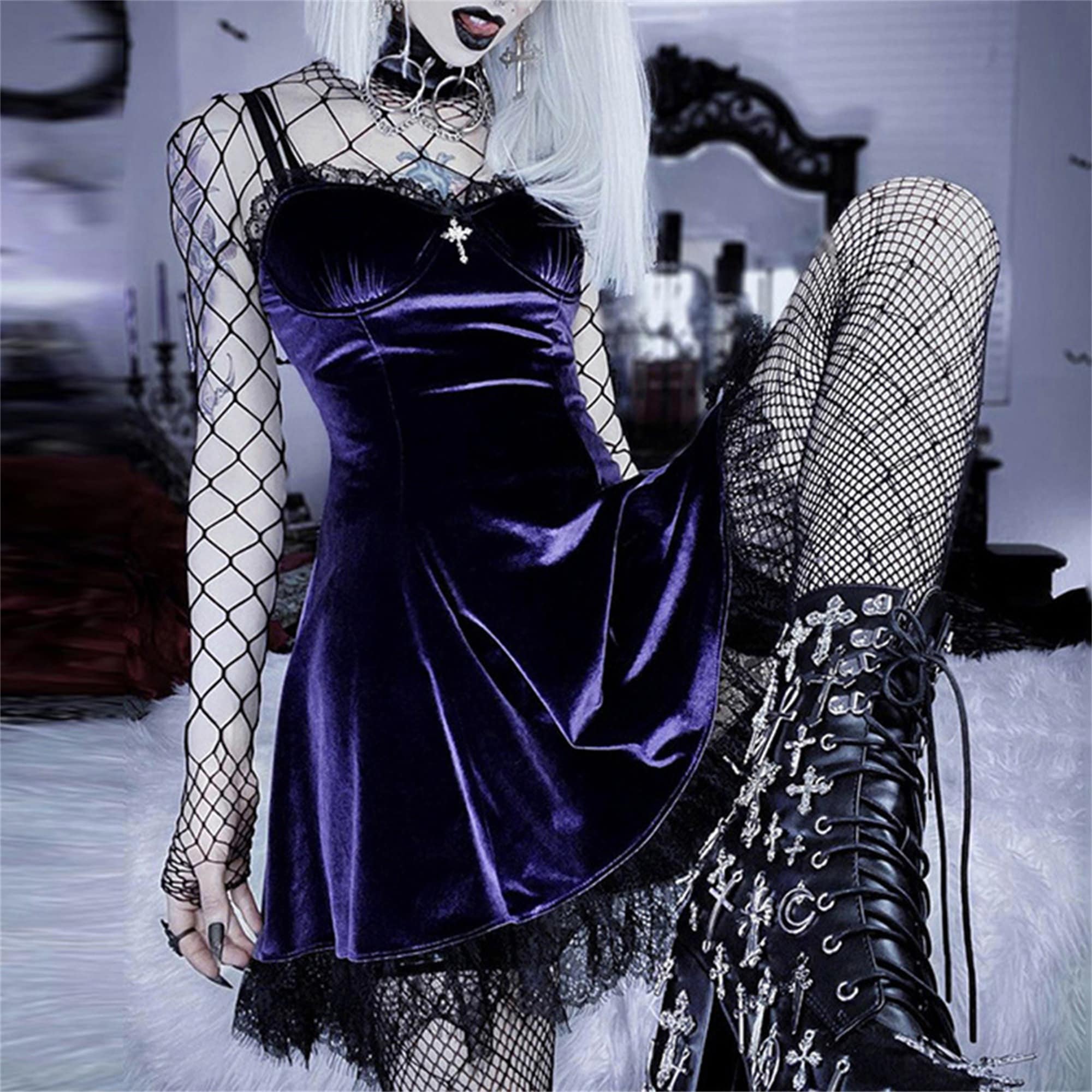 Sexy Gothic Dark Purple Dress Retro Lace Trim Velvet Dress French Court Style Goth Dress Harajuku Punk Dress Masquerade Prom Dress