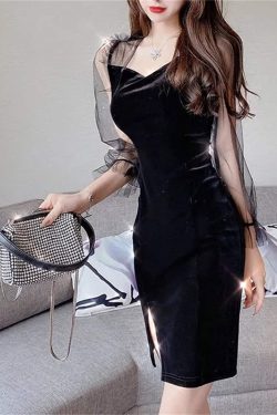 Sexy Slim Golden Velvet Dress Gothic Dark Waist Dress French Transparent Long Sleeved Dress Vintage Split Dress Y2k Retro Buttock Dress
