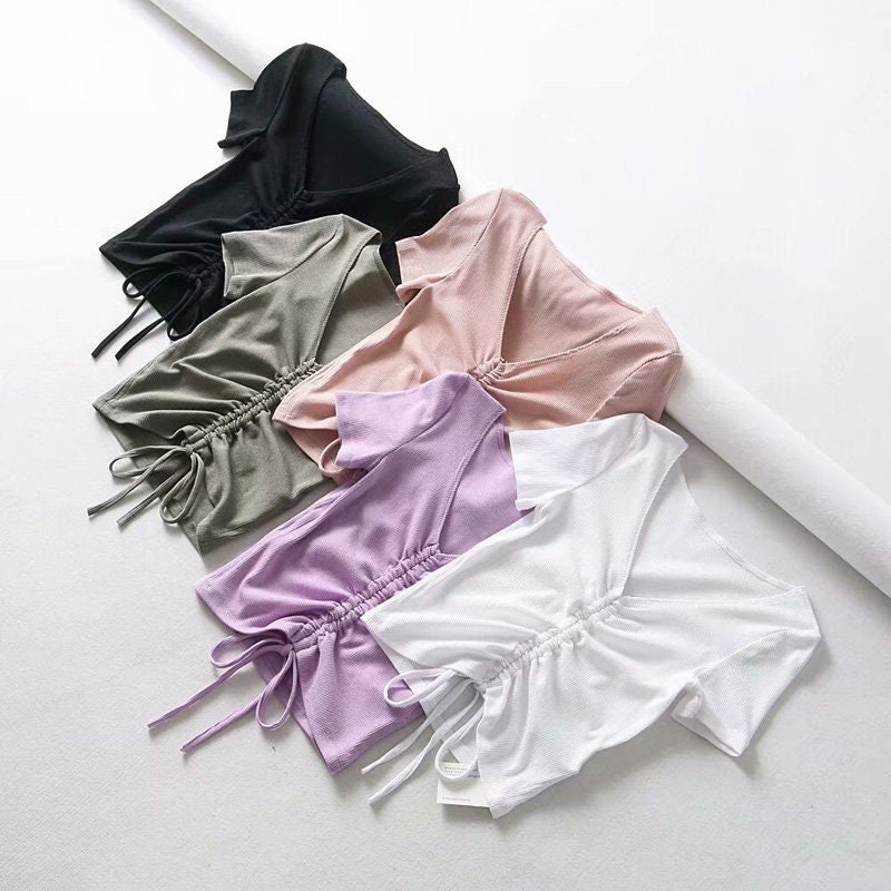 Sexy V Neck Cropped Tank Tops Women Drawstring Tie Up Front Camis Candy Colors Streetwear Slim Fit