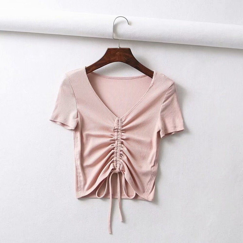 Sexy V Neck Cropped Tank Tops Women Drawstring Tie Up Front Camis Candy Colors Streetwear Slim Fit
