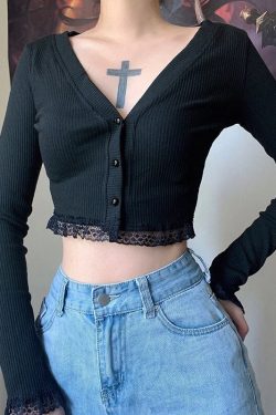 Sexy V Neck Lace Trim T Shirt & Long Sleeve Button Up Cardigan Ribbed Knitted Lace Crop Top Fairycore Clothing Casual Basic Rave