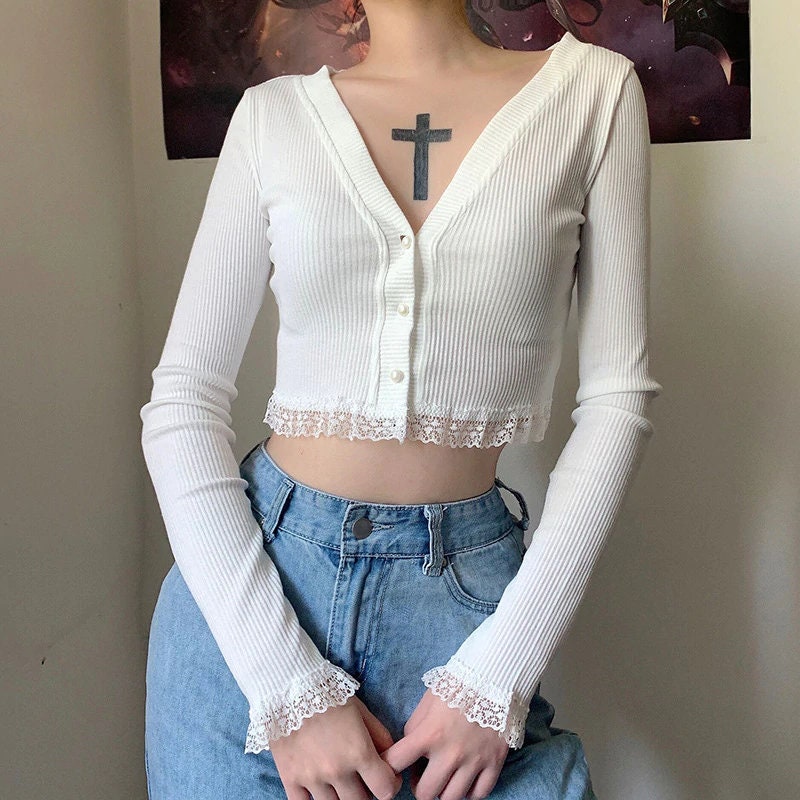 Sexy V Neck Lace Trim T Shirt & Long Sleeve Button Up Cardigan Ribbed Knitted Lace Crop Top Fairycore Clothing Casual Basic Rave