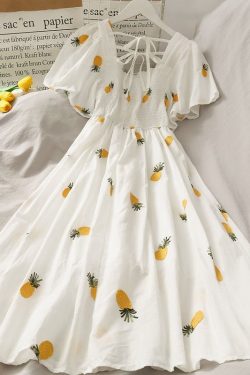 Short Sleeve Lovely Pineapple Cherry Slim Cool Long Casual Cute Picnic Trendy France Korea Japan Harajuku Dress