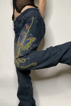 Side Butterfly Print Jeans Retro Feng Shui Low Rise Jeans Casual Pants Street Style Slightly Flared Trousers