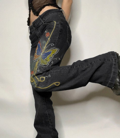 Side Butterfly Print Jeans Retro Feng Shui Low Rise Jeans Casual Pants Street Style Slightly Flared Trousers