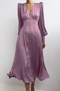 Single Breasted Elegant Dress For Women Party Robe High Waist Satin Long Dress Chic Midi Dresses Lantern Sleeve