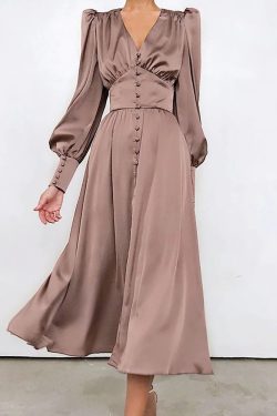 Single Breasted Elegant Dress For Women Party Robe High Waist Satin Long Dress Chic Midi Dresses Lantern Sleeve