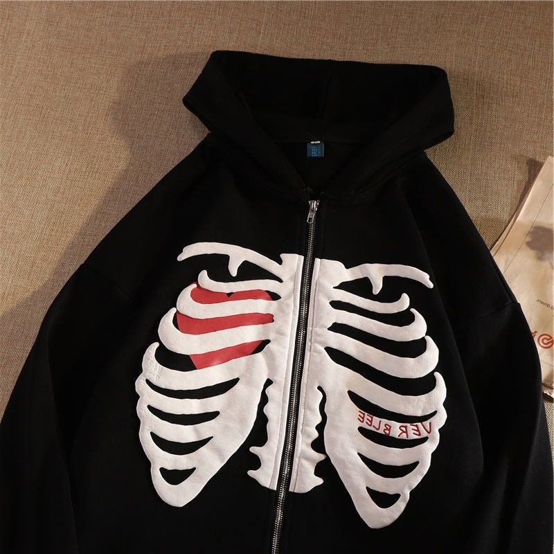 Skeleton Zip Up Hoodie Loose Harajuku Korean Style Goth Grunge Long Sleeved Hooded Jacket Retro Black Oversized Sweatshirt
