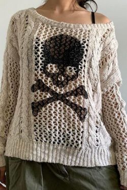 Skull Hollow Out Crochet Knit Pullover Gothic Punk Grunge Streetwear Y2k Clothing